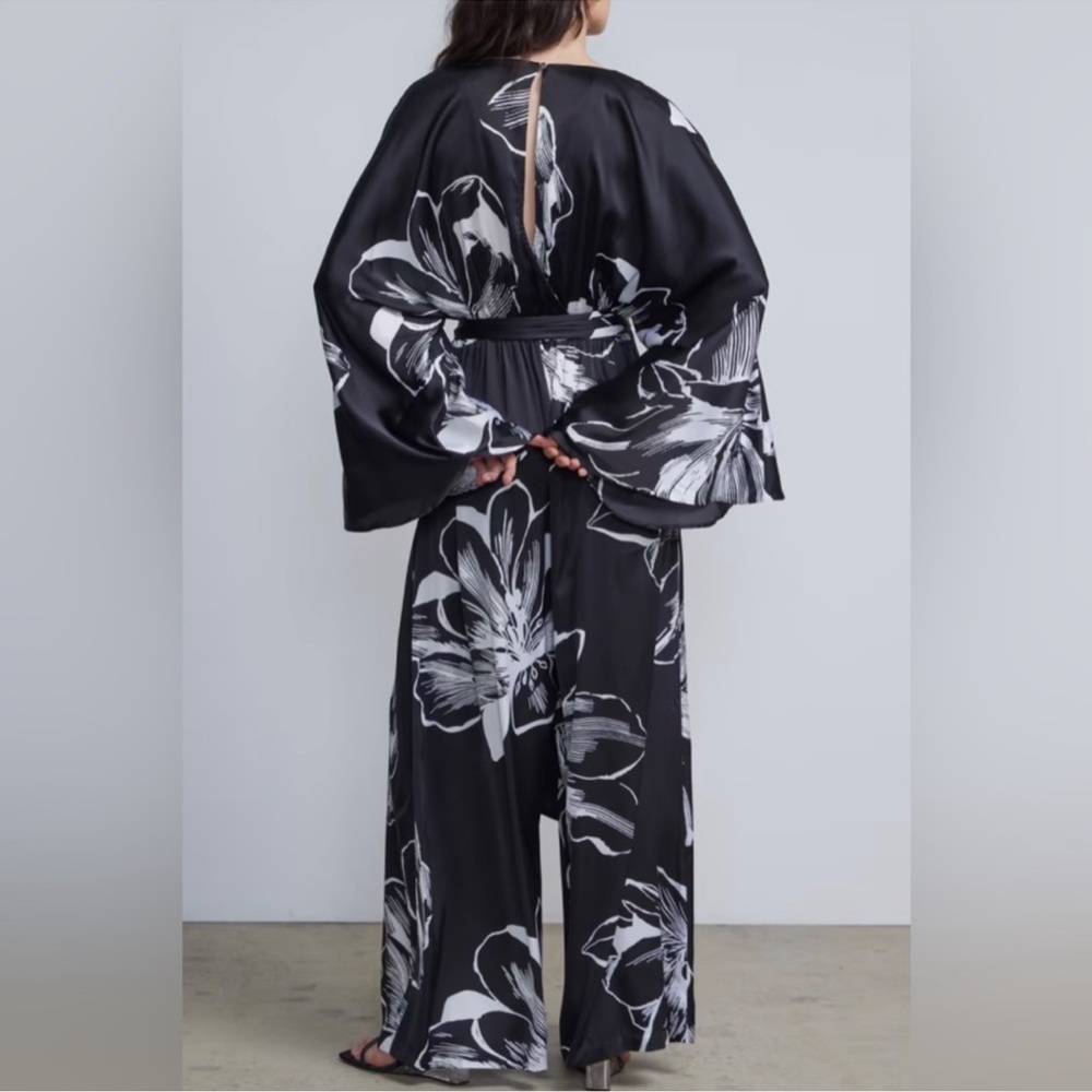 New York & Company Floral Printed Long Sleeve Black and White Jumpsuit - Picture 4 of 6
